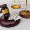 Drugs and law. Judge gavel and colorful pills on a wooden desk, dark background, closeup view.